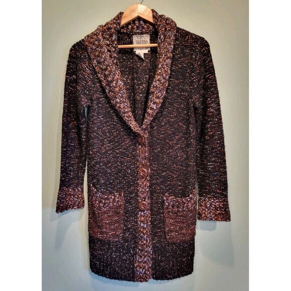 Curio Dark Multicolor Chunky Long Shawl Collar Cardigan Sweater Pockets Sz S - Picture 1 of 7